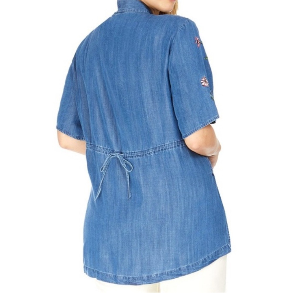 XL Chambray Floral Embroidered Open Front Cardigan Kimono Boho Spring Coastal - Picture 8 of 16